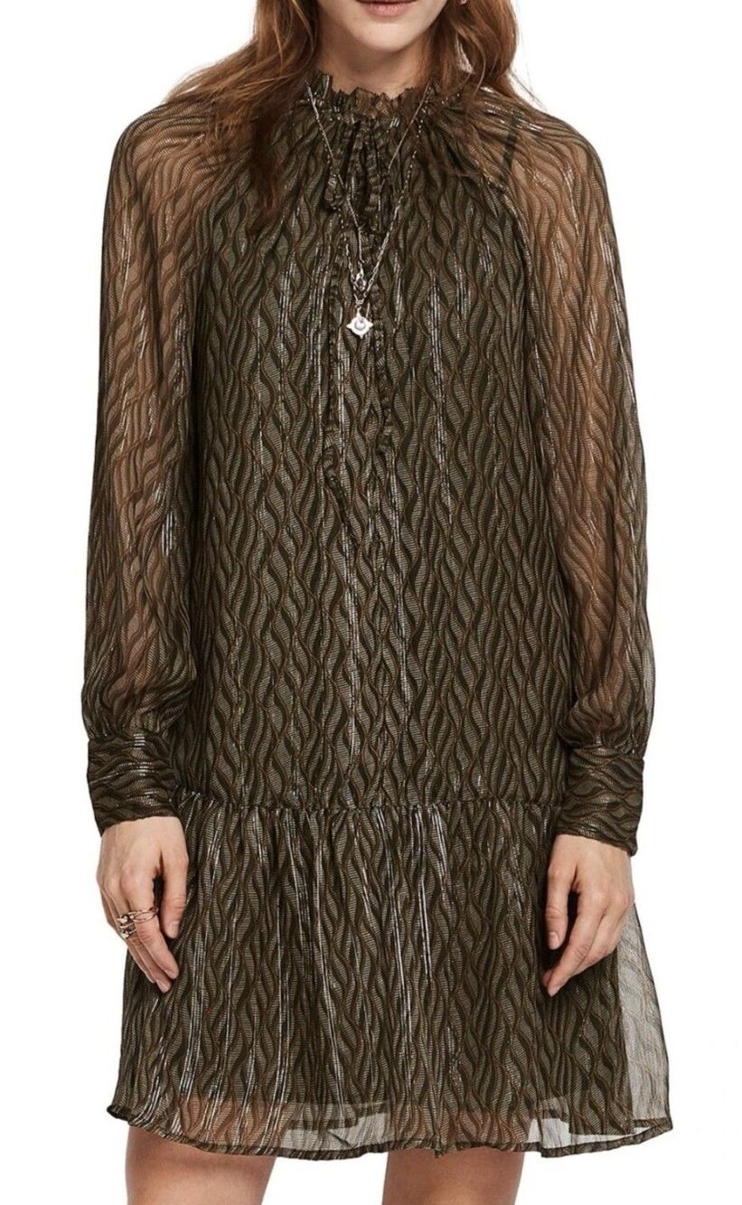 Scotch and Soda Sz L Maison Scotch Olive Green Metallic Ruffle Hem Midi Dress